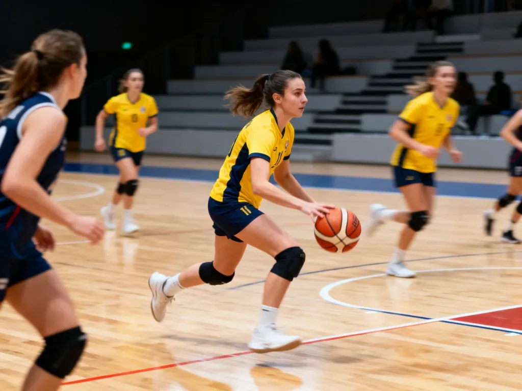 Zawodniczka Arki Gdynia w żółto‑granatowym stroju dynamicznie kozłuje piłkę podczas meczu koszykówki w hali