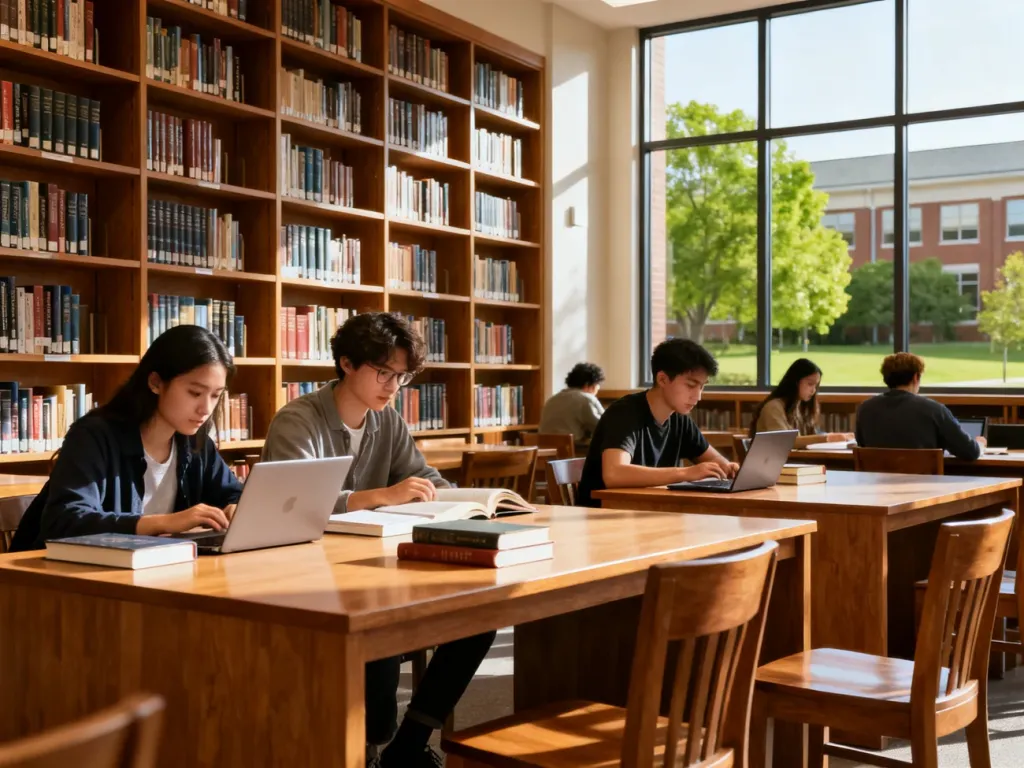 Studenci uczą się przy biurkach w jasnej bibliotece GUMed, w tle regały z książkami i widok na zielony kampus.