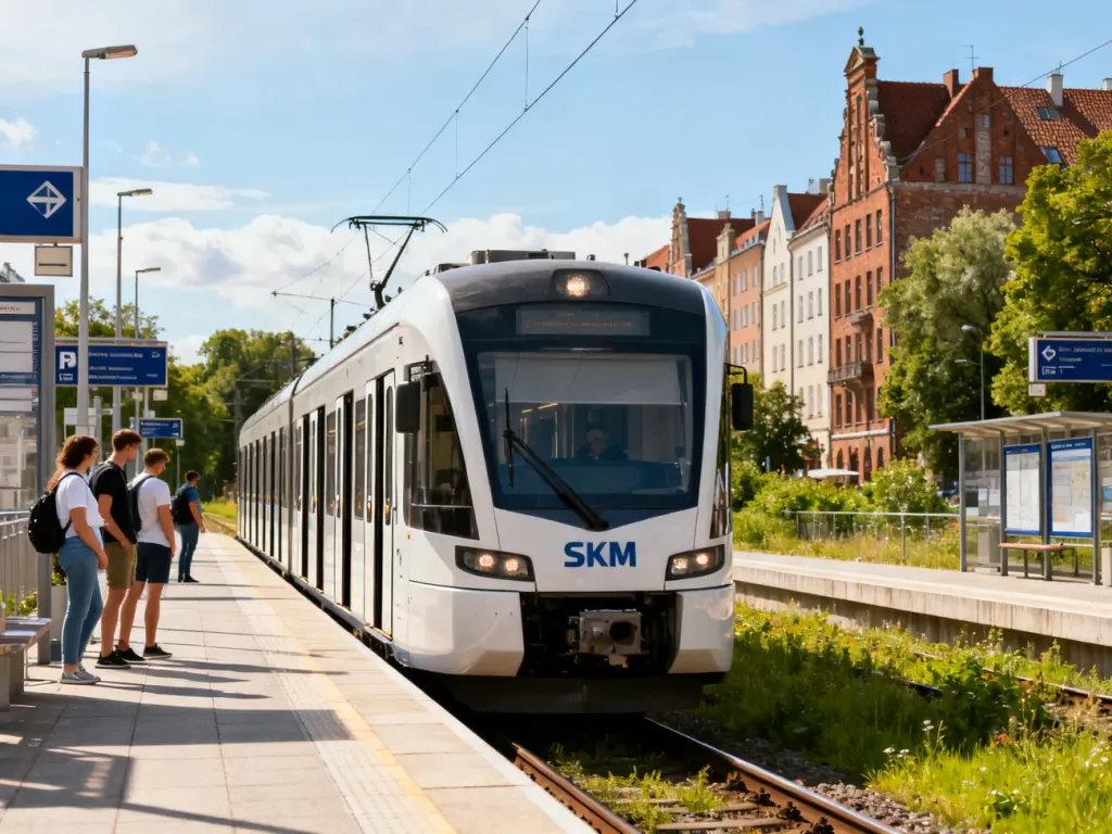 Nowoczesny pociąg SKM na peronie w Trójmieście latem, z kilkoma pasażerami oczekującymi na odjazd.
