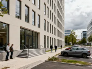 Modernistyczny Dom Podoficerski FKW w Gdyni, widok od ulicy, z balkonami, przechodniami i zaparkowanymi samochodami.