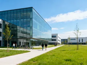 Nowoczesny gmach Sądu Rejonowego w Gdyni z przeszklonym wejściem, widok od ulicy w słoneczny dzień