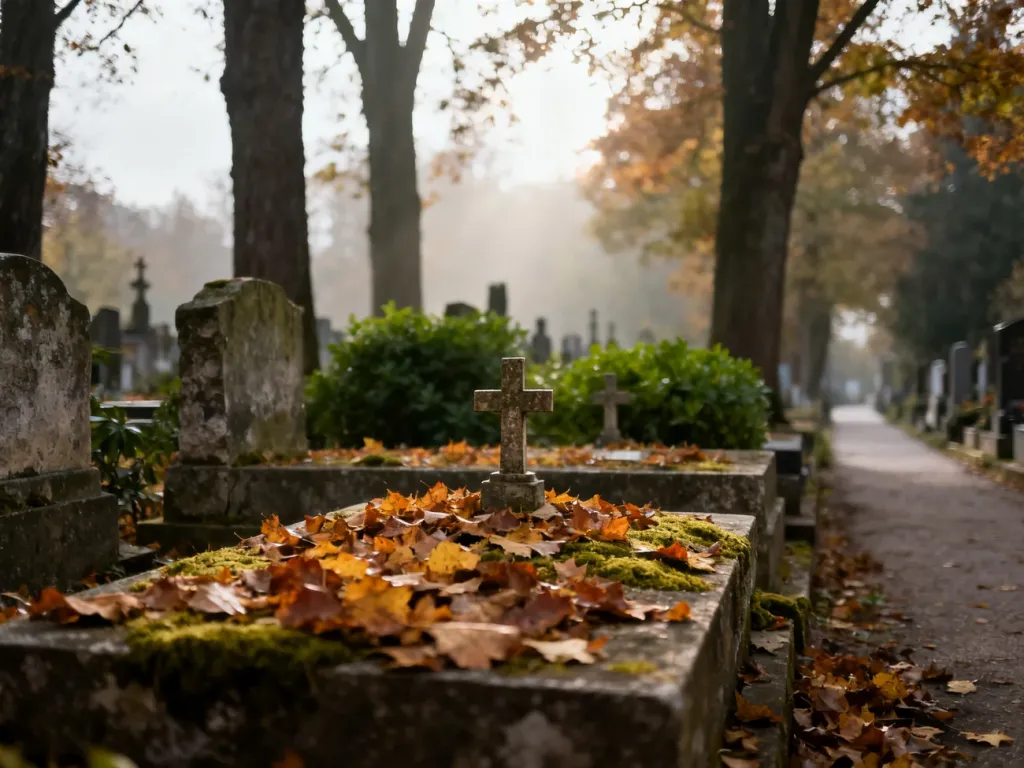 Spokojna aleja starego cmentarza francuskiego w Gdańsku, z omszałymi nagrobkami wśród jesiennych liści i drzew.