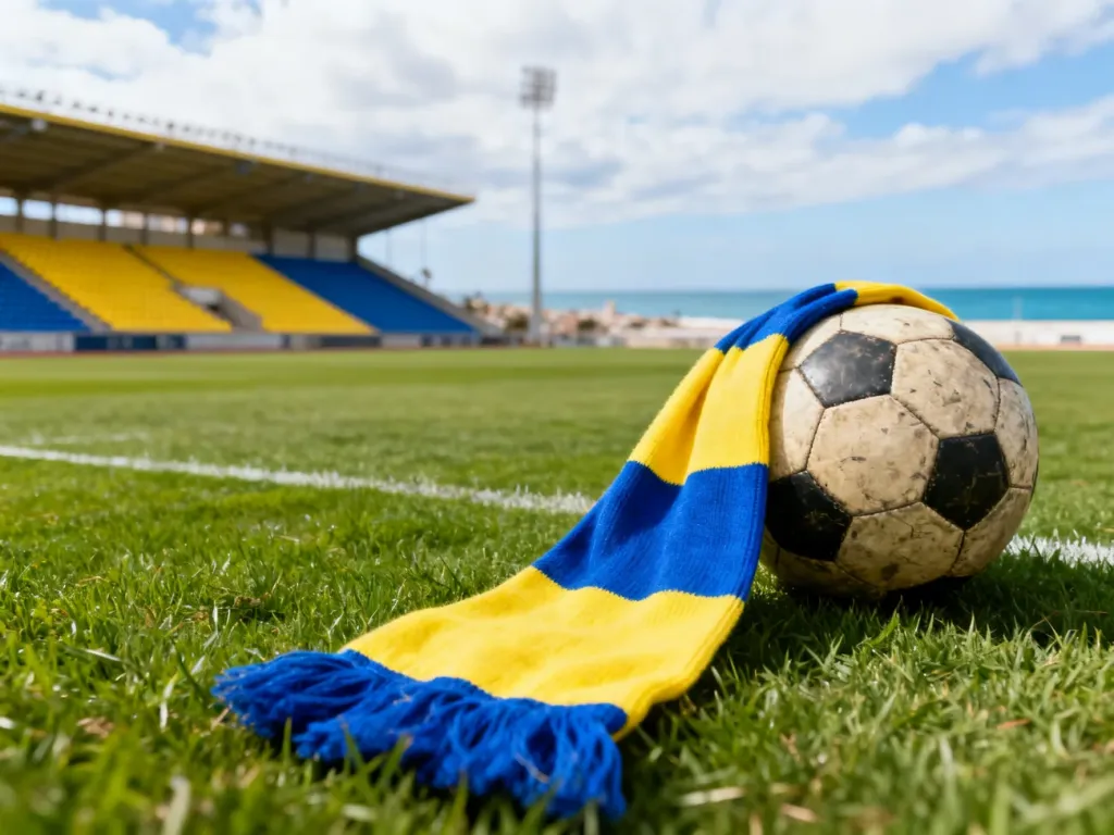 Żółto-niebieski szalik Arki Gdynia i stara piłka na murawie stadionu, w tle puste trybuny nadmorskiej areny.