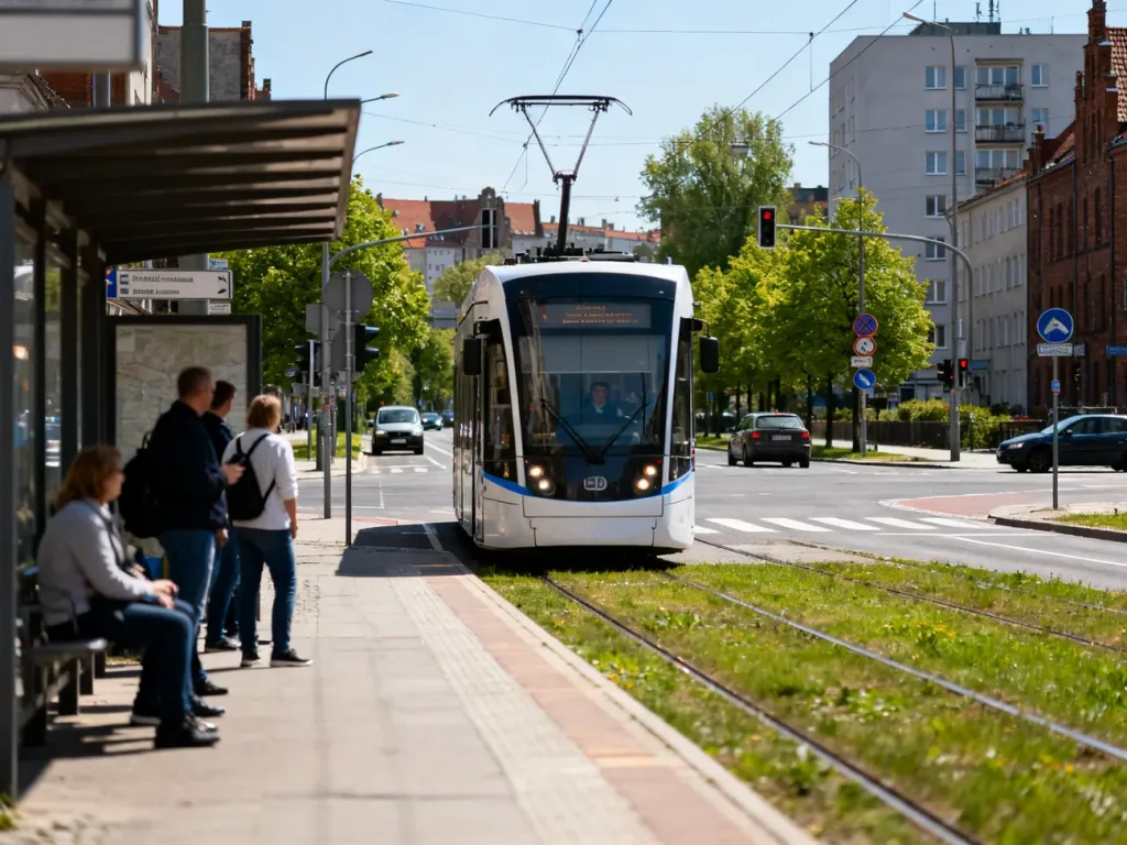 Przystanek tramwajowo-autobusowy Węzeł Kliniczna w Gdańsku, nadjeżdżający tramwaj i pasażerowie czekający na peronie.